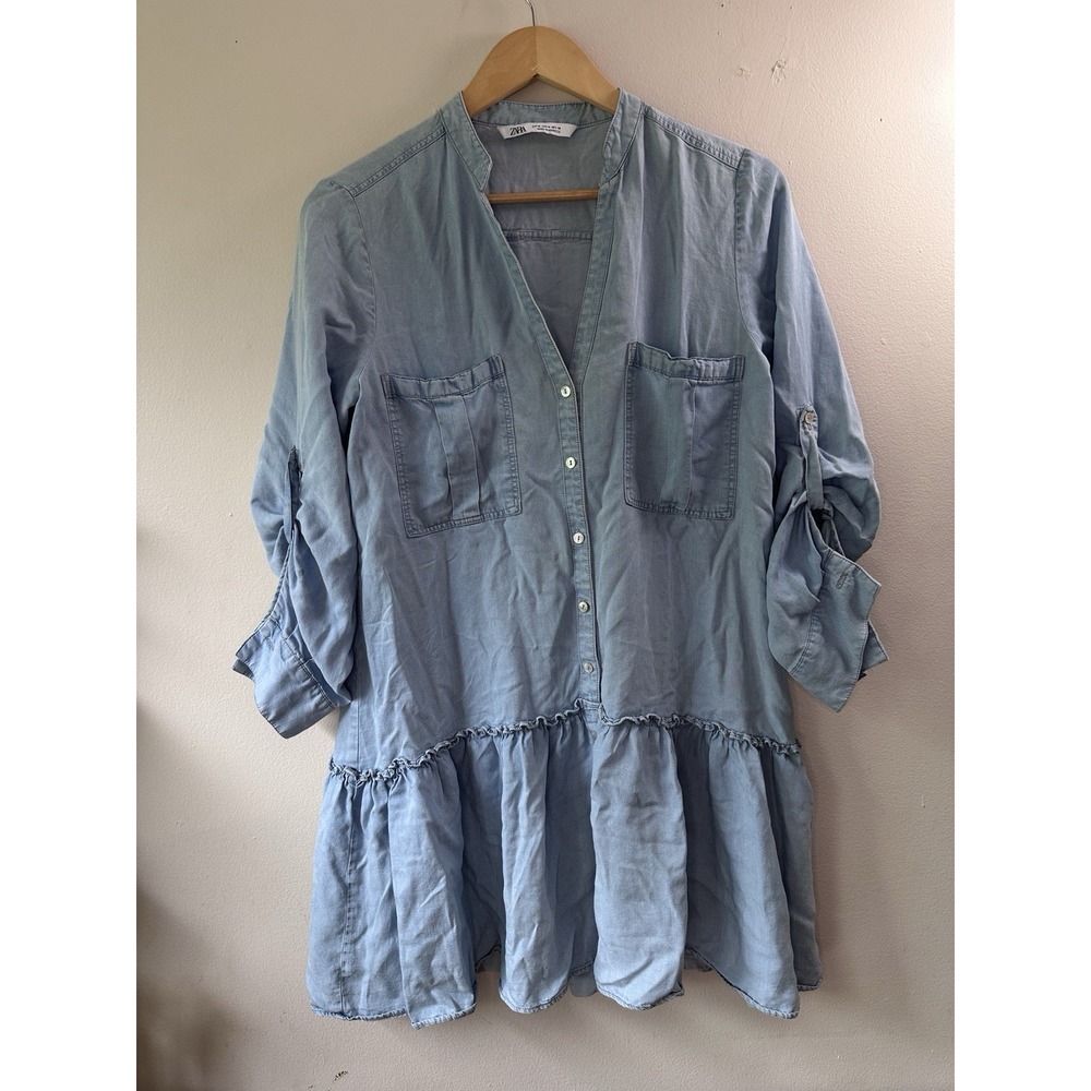 Zara Light Wash Lyocell Denim-Look Ruffle Babydoll Shirt Dress - Women's